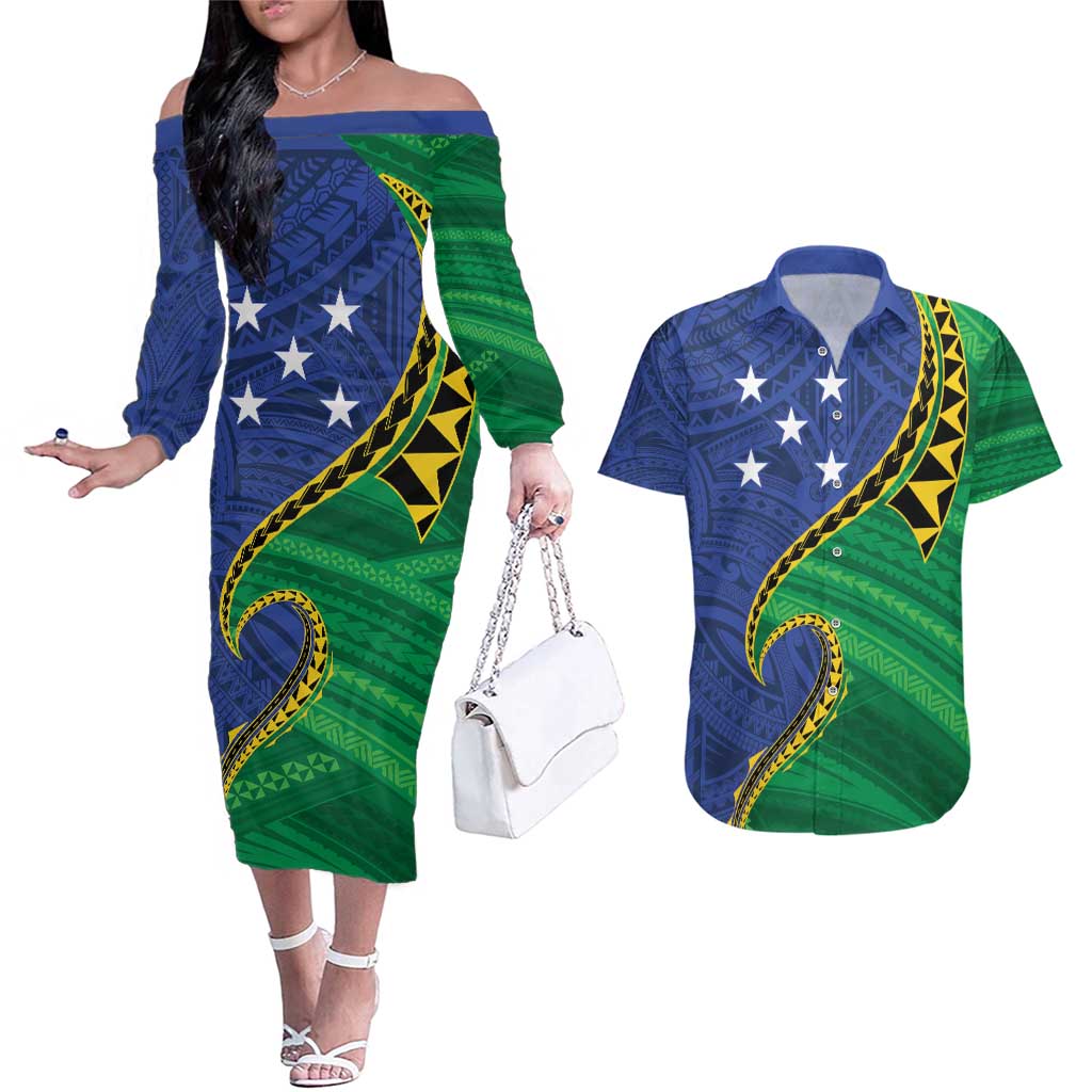 Solomon Islands Independence Day 1978 Personalised Couples Matching Off The Shoulder Long Sleeve Dress and Hawaiian Shirt Polynesian Pattern with Flag Style
