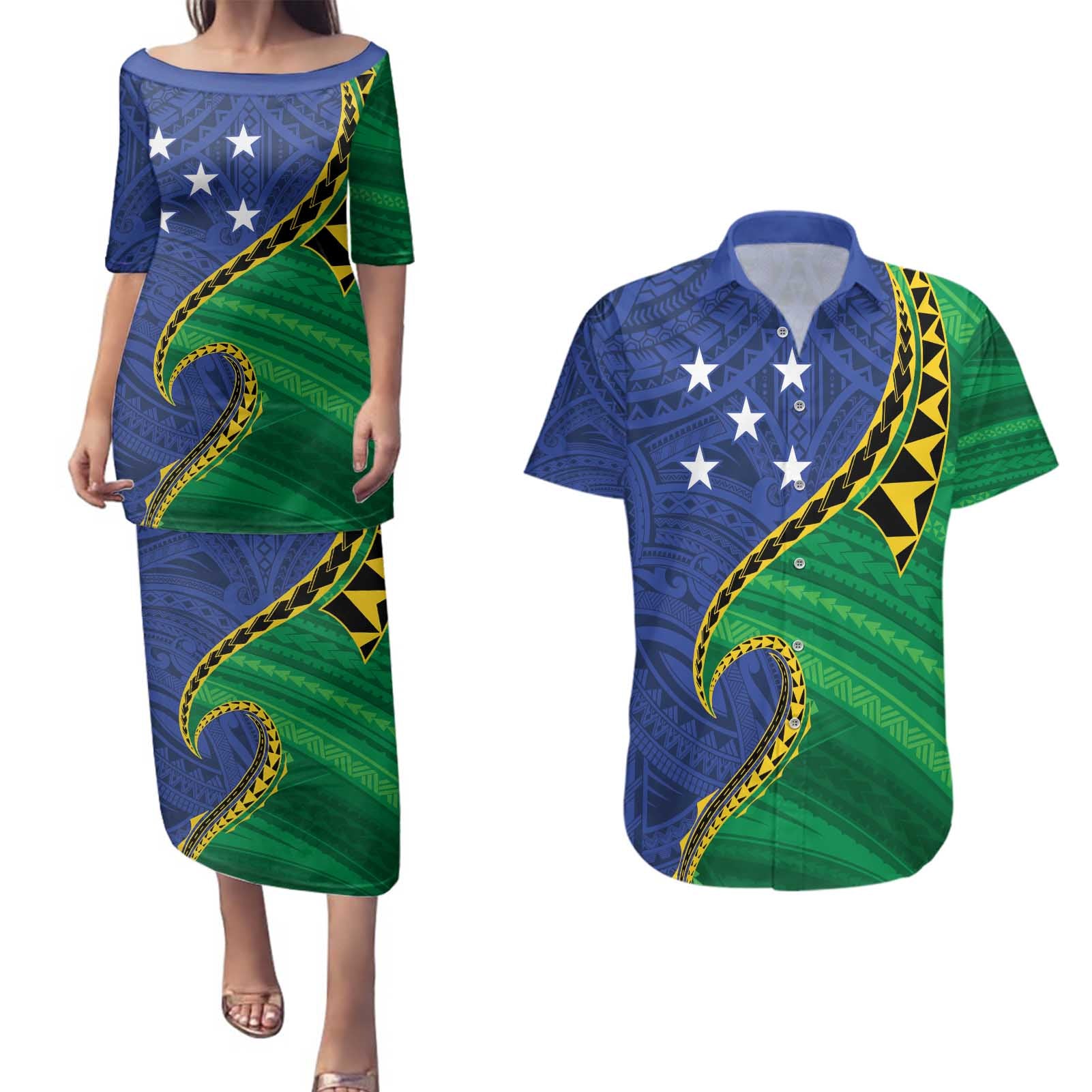 Solomon Islands Independence Day 1978 Personalised Couples Matching Puletasi and Hawaiian Shirt Polynesian Pattern with Flag Style