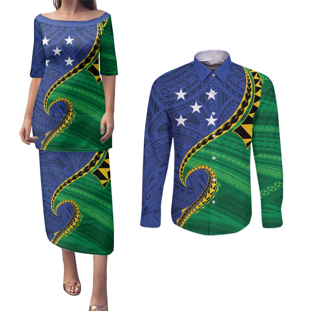 Solomon Islands Independence Day 1978 Personalised Couples Matching Puletasi and Long Sleeve Button Shirt Polynesian Pattern with Flag Style