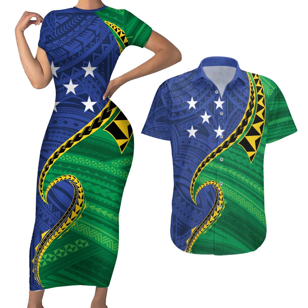 Solomon Islands Independence Day 1978 Personalised Couples Matching Short Sleeve Bodycon Dress and Hawaiian Shirt Polynesian Pattern with Flag Style