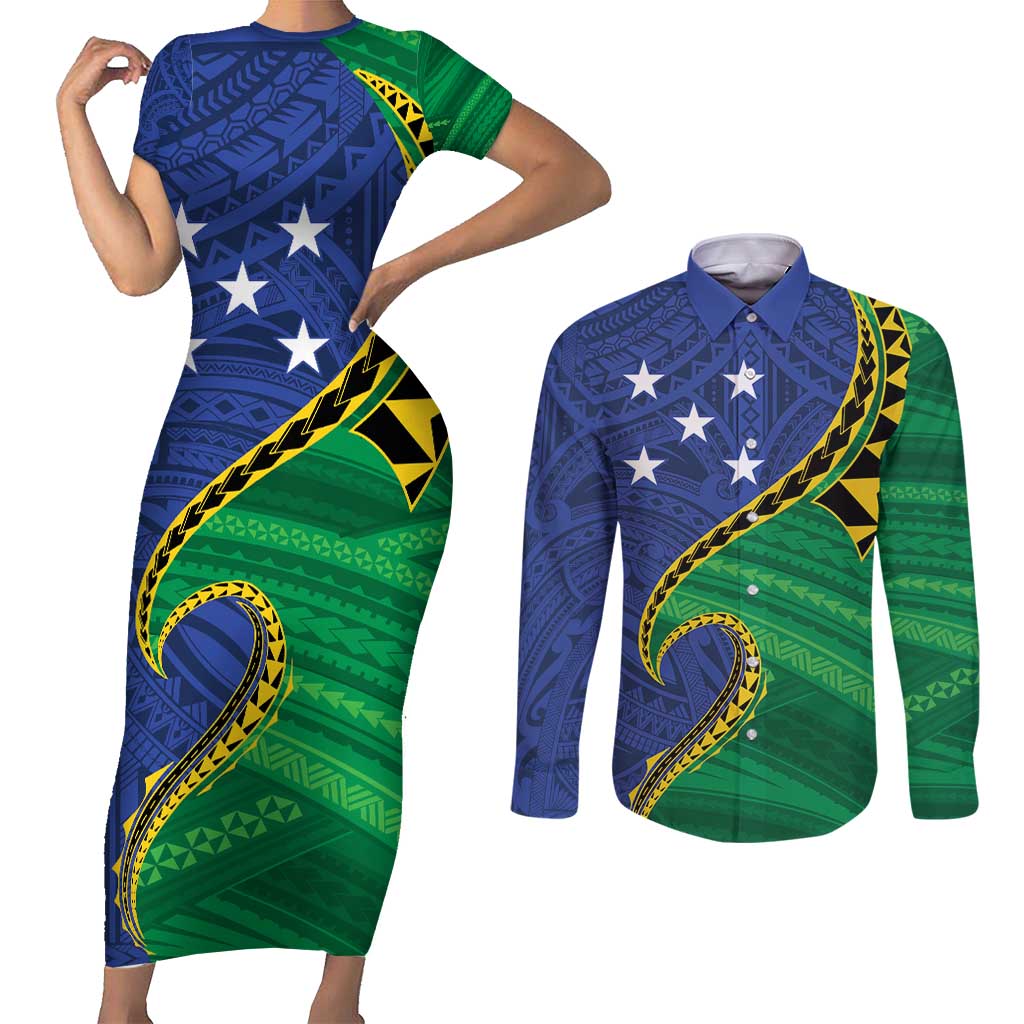 Solomon Islands Independence Day 1978 Personalised Couples Matching Short Sleeve Bodycon Dress and Long Sleeve Button Shirt Polynesian Pattern with Flag Style