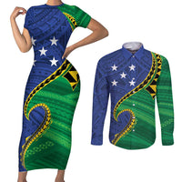 Solomon Islands Independence Day 1978 Personalised Couples Matching Short Sleeve Bodycon Dress and Long Sleeve Button Shirt Polynesian Pattern with Flag Style