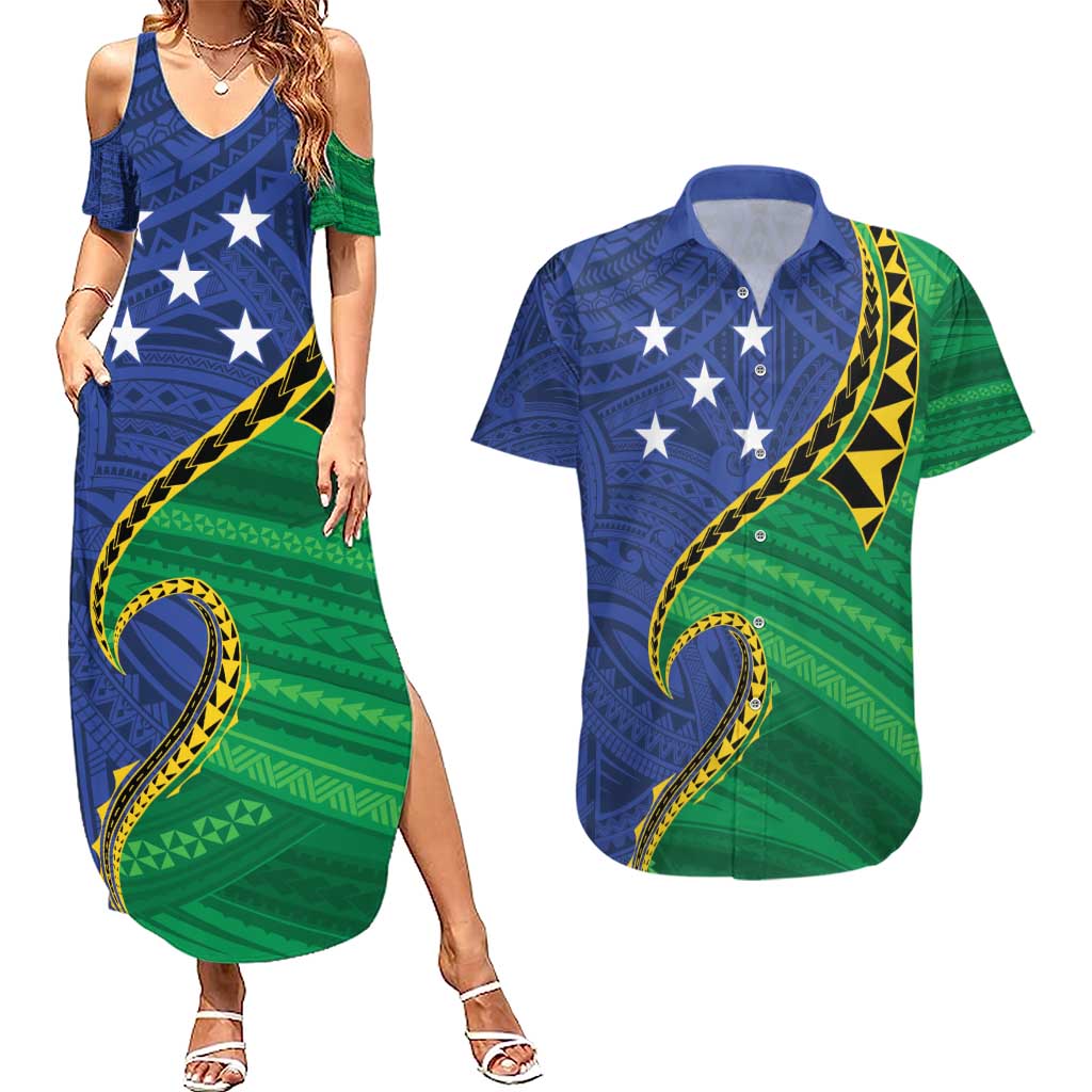 Solomon Islands Independence Day 1978 Personalised Couples Matching Summer Maxi Dress and Hawaiian Shirt Polynesian Pattern with Flag Style
