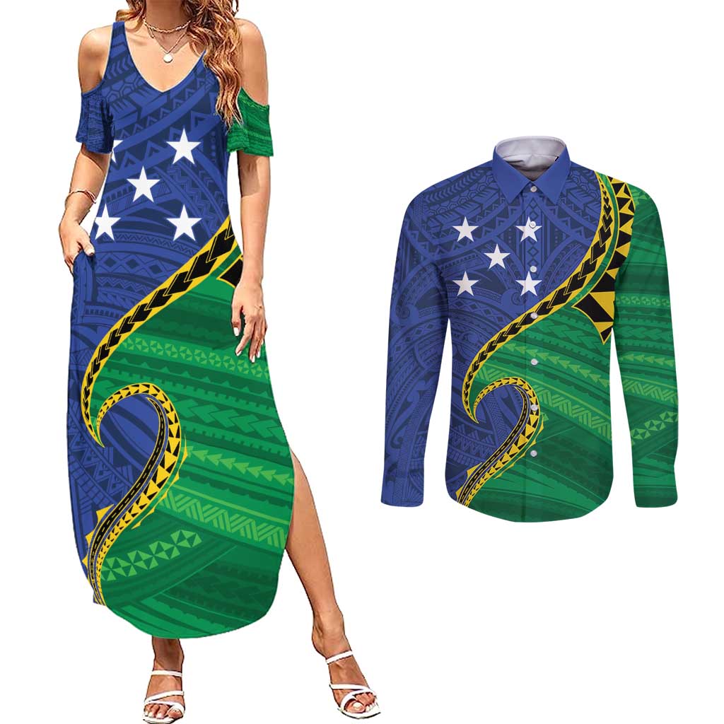 Solomon Islands Independence Day 1978 Personalised Couples Matching Summer Maxi Dress and Long Sleeve Button Shirt Polynesian Pattern with Flag Style
