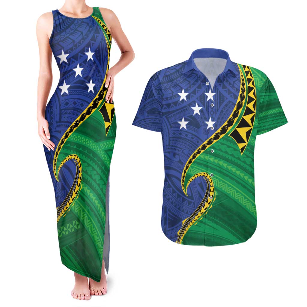 Solomon Islands Independence Day 1978 Personalised Couples Matching Tank Maxi Dress and Hawaiian Shirt Polynesian Pattern with Flag Style