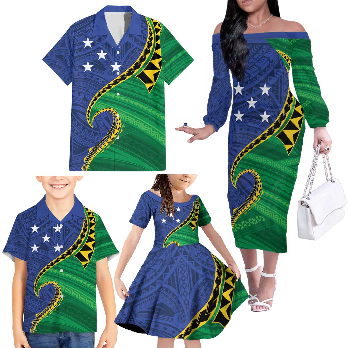 Solomon Islands Independence Day 1978 Personalised Family Matching Off The Shoulder Long Sleeve Dress and Hawaiian Shirt Polynesian Pattern with Flag Style