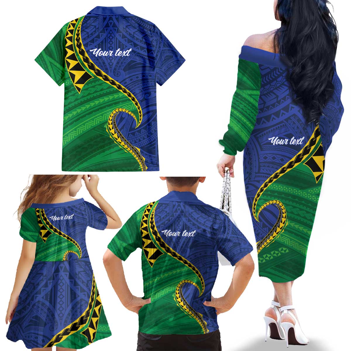 Solomon Islands Independence Day 1978 Personalised Family Matching Off The Shoulder Long Sleeve Dress and Hawaiian Shirt Polynesian Pattern with Flag Style