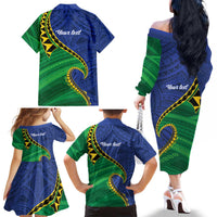 Solomon Islands Independence Day 1978 Personalised Family Matching Off The Shoulder Long Sleeve Dress and Hawaiian Shirt Polynesian Pattern with Flag Style