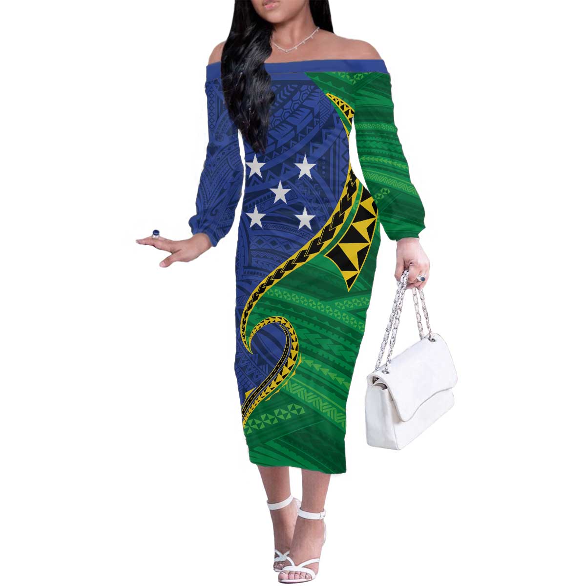 Solomon Islands Independence Day 1978 Personalised Family Matching Off The Shoulder Long Sleeve Dress and Hawaiian Shirt Polynesian Pattern with Flag Style