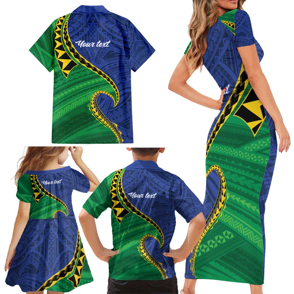 Solomon Islands Independence Day 1978 Personalised Family Matching Short Sleeve Bodycon Dress and Hawaiian Shirt Polynesian Pattern with Flag Style