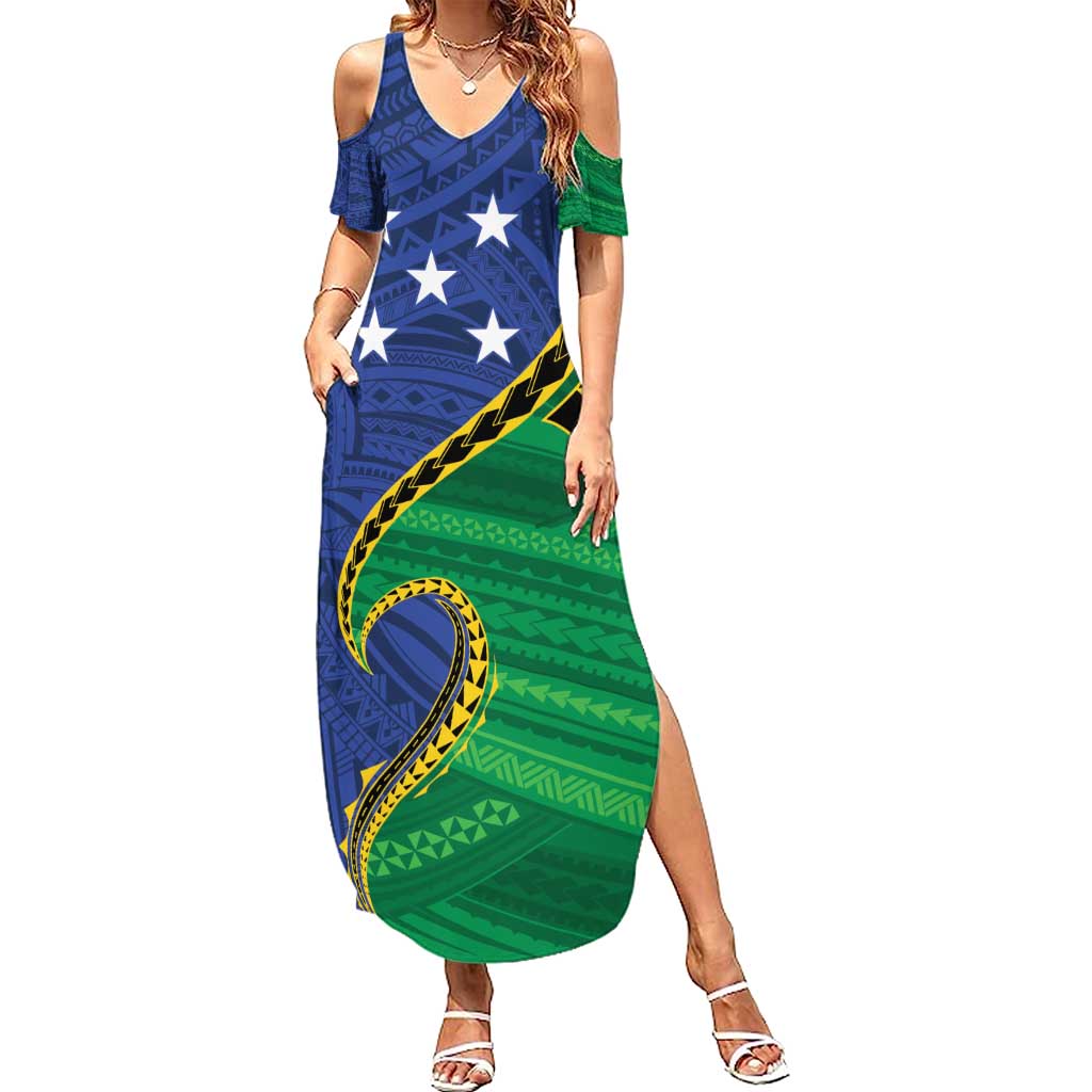 Solomon Islands Independence Day 1978 Personalised Family Matching Summer Maxi Dress and Hawaiian Shirt Polynesian Pattern with Flag Style