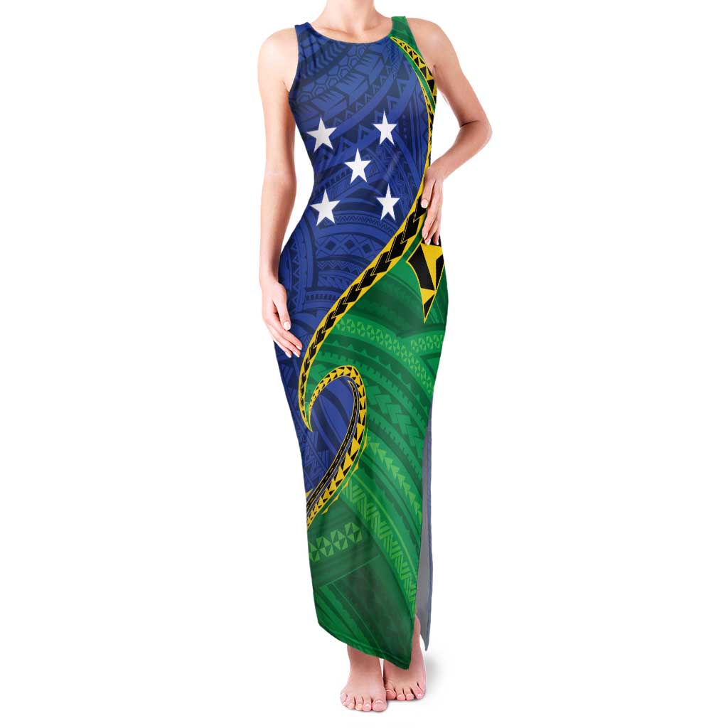 Solomon Islands Independence Day 1978 Personalised Family Matching Tank Maxi Dress and Hawaiian Shirt Polynesian Pattern with Flag Style