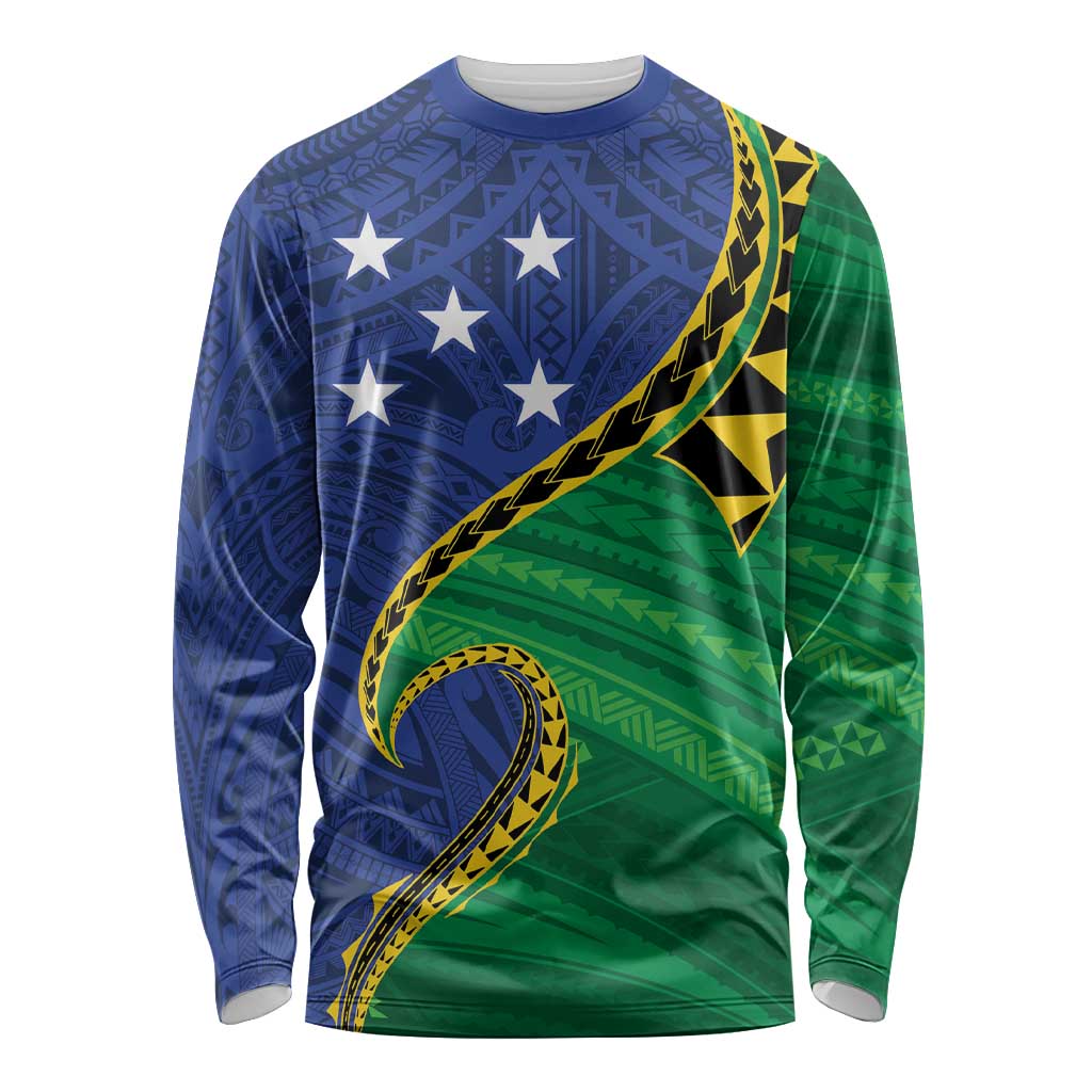 Solomon Islands Independence Day 1978 Personalised Long Sleeve Shirt Polynesian Pattern with Flag Style