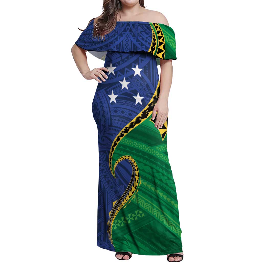 Solomon Islands Independence Day 1978 Personalised Off Shoulder Maxi Dress Polynesian Pattern with Flag Style