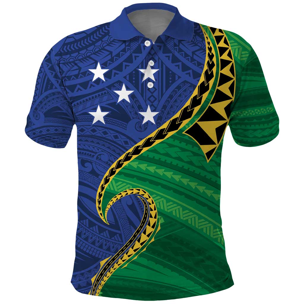 Solomon Islands Independence Day 1978 Personalised Polo Shirt Polynesian Pattern with Flag Style