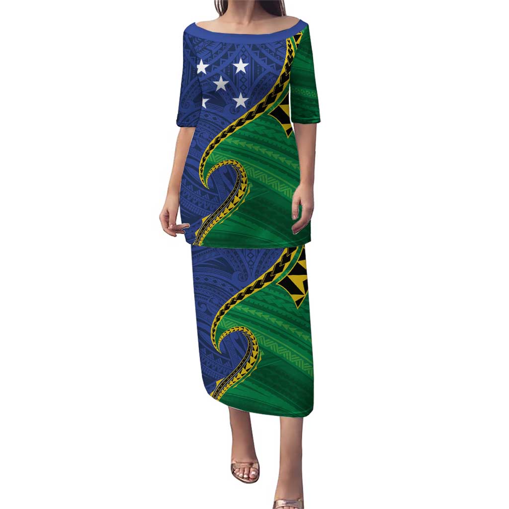 Solomon Islands Independence Day 1978 Personalised Puletasi Polynesian Pattern with Flag Style