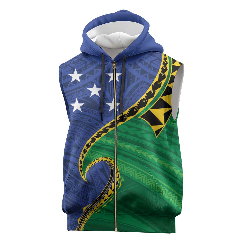 Solomon Islands Independence Day 1978 Personalised Sleeveless Zip Hoodie Polynesian Pattern with Flag Style - Polynesian Pride