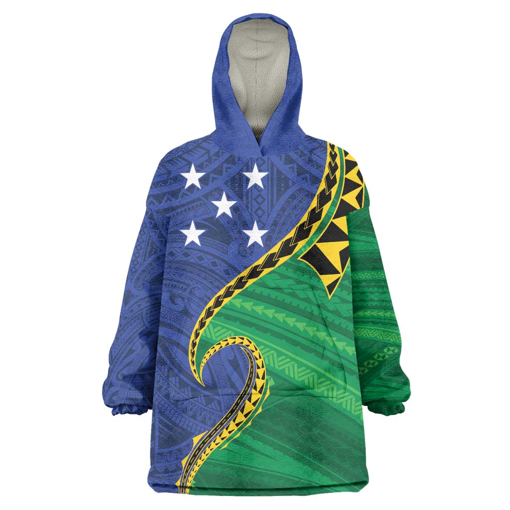 Solomon Islands Independence Day 1978 Personalised Wearable Blanket Hoodie Polynesian Pattern with Flag Style
