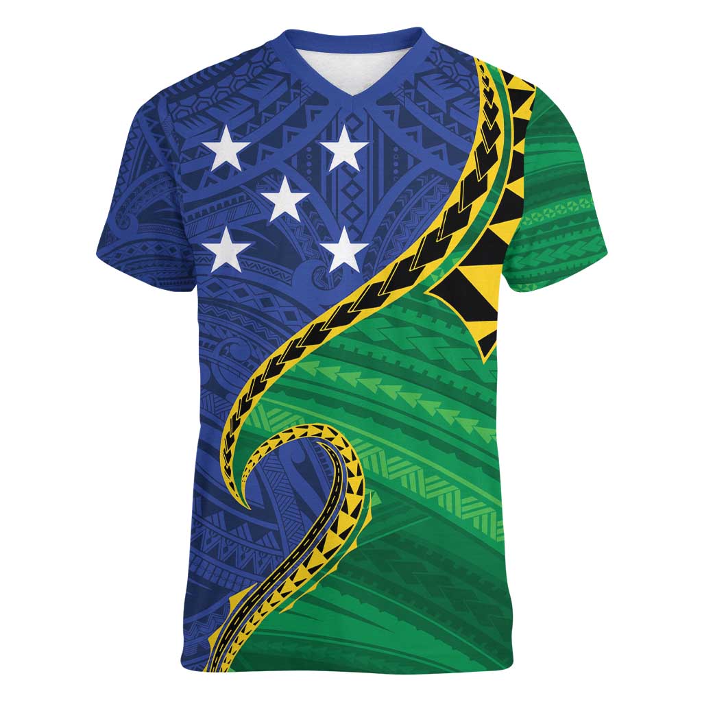 Solomon Islands Independence Day 1978 Personalised Women V-Neck T-Shirt Polynesian Pattern with Flag Style