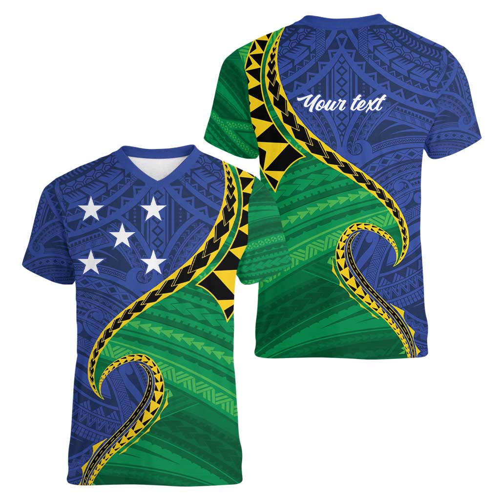 Solomon Islands Independence Day 1978 Personalised Women V-Neck T-Shirt Polynesian Pattern with Flag Style
