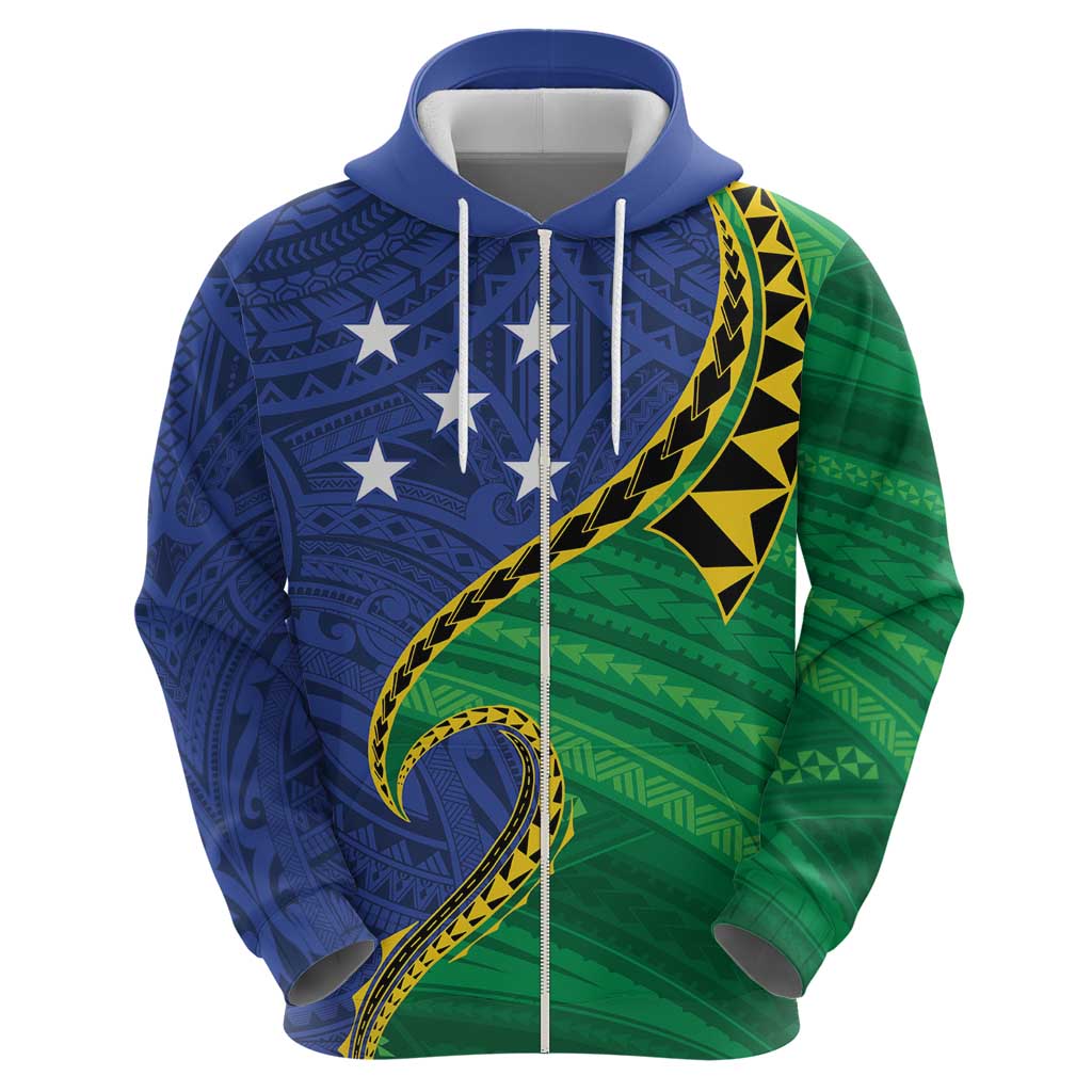 Solomon Islands Independence Day 1978 Personalised Zip Hoodie Polynesian Pattern with Flag Style