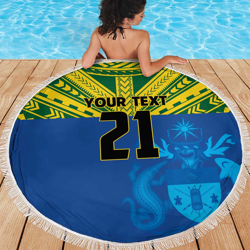 Solomon Islands Rugby Custom Beach Blanket Simple Coat of arm Polynesian Pattern