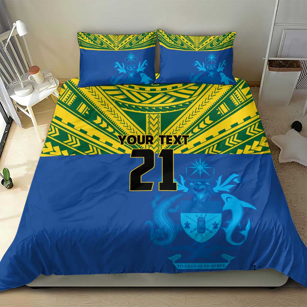 Solomon Islands Rugby Custom Bedding Set Simple Coat of arm Polynesian Pattern