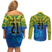 Solomon Islands Rugby Custom Couples Matching Off Shoulder Short Dress and Long Sleeve Button Shirt Simple Coat of arm Polynesian Pattern