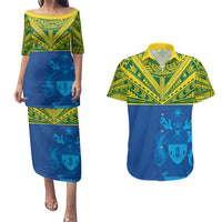 Solomon Islands Rugby Custom Couples Matching Puletasi and Hawaiian Shirt Simple Coat of arm Polynesian Pattern