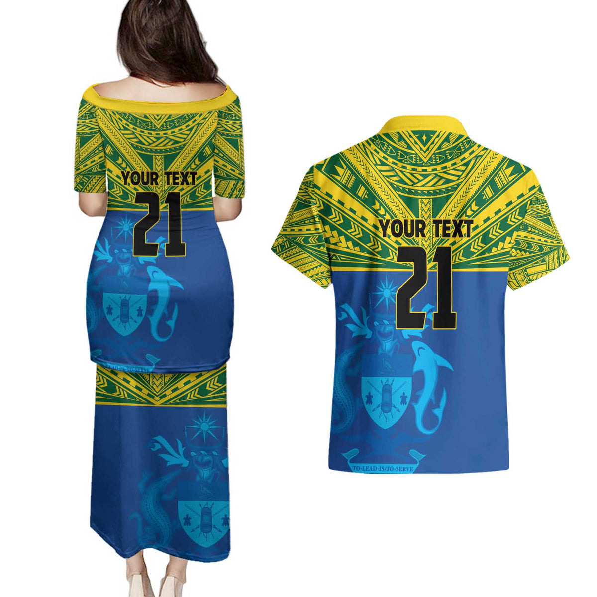Solomon Islands Rugby Custom Couples Matching Puletasi and Hawaiian Shirt Simple Coat of arm Polynesian Pattern