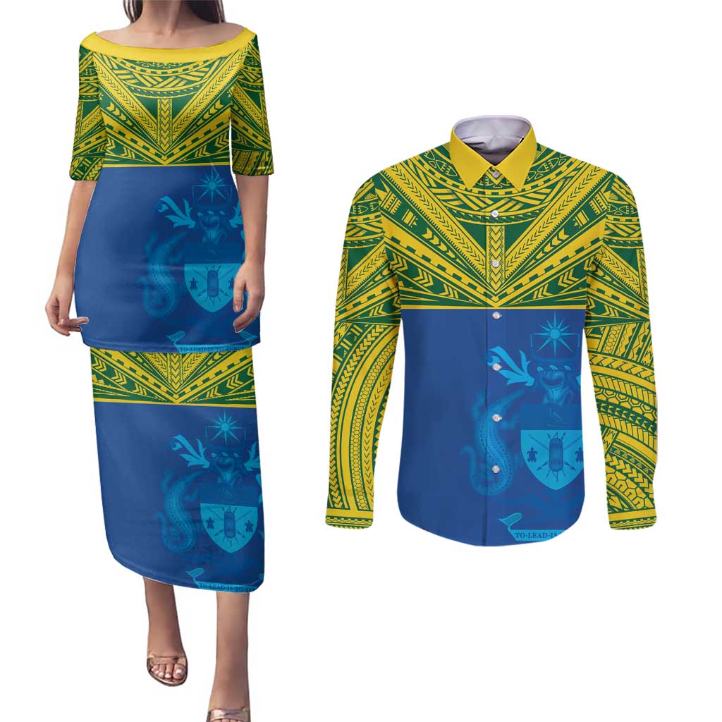 Solomon Islands Rugby Custom Couples Matching Puletasi and Long Sleeve Button Shirt Simple Coat of arm Polynesian Pattern