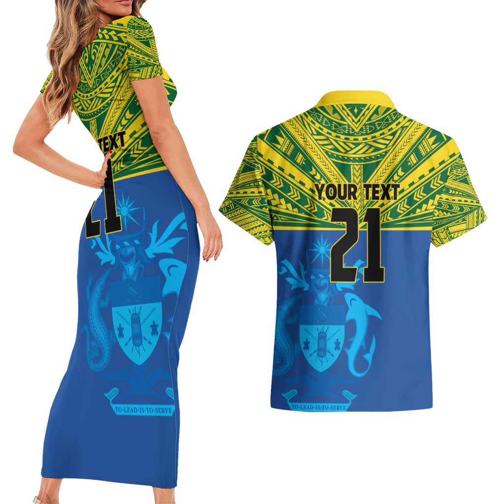 Solomon Islands Rugby Custom Couples Matching Short Sleeve Bodycon Dress and Hawaiian Shirt Simple Coat of arm Polynesian Pattern