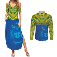Solomon Islands Rugby Custom Couples Matching Summer Maxi Dress and Long Sleeve Button Shirt Simple Coat of arm Polynesian Pattern