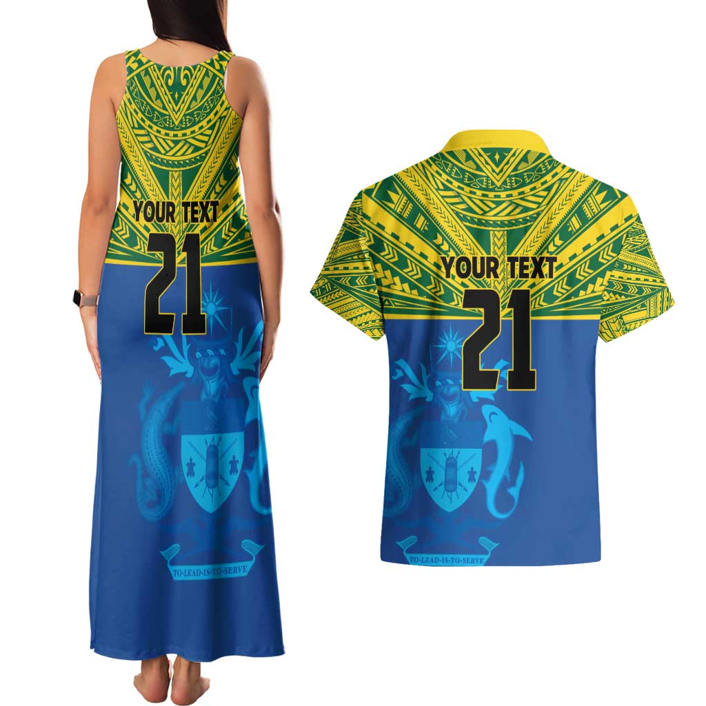 Solomon Islands Rugby Custom Couples Matching Tank Maxi Dress and Hawaiian Shirt Simple Coat of arm Polynesian Pattern