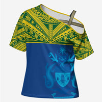 Solomon Islands Rugby Custom Cross Shoulder Shirt Simple Coat of arm Polynesian Pattern - Polynesian Pride