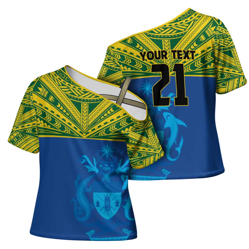 Solomon Islands Rugby Custom Cross Shoulder Shirt Simple Coat of arm Polynesian Pattern - Polynesian Pride