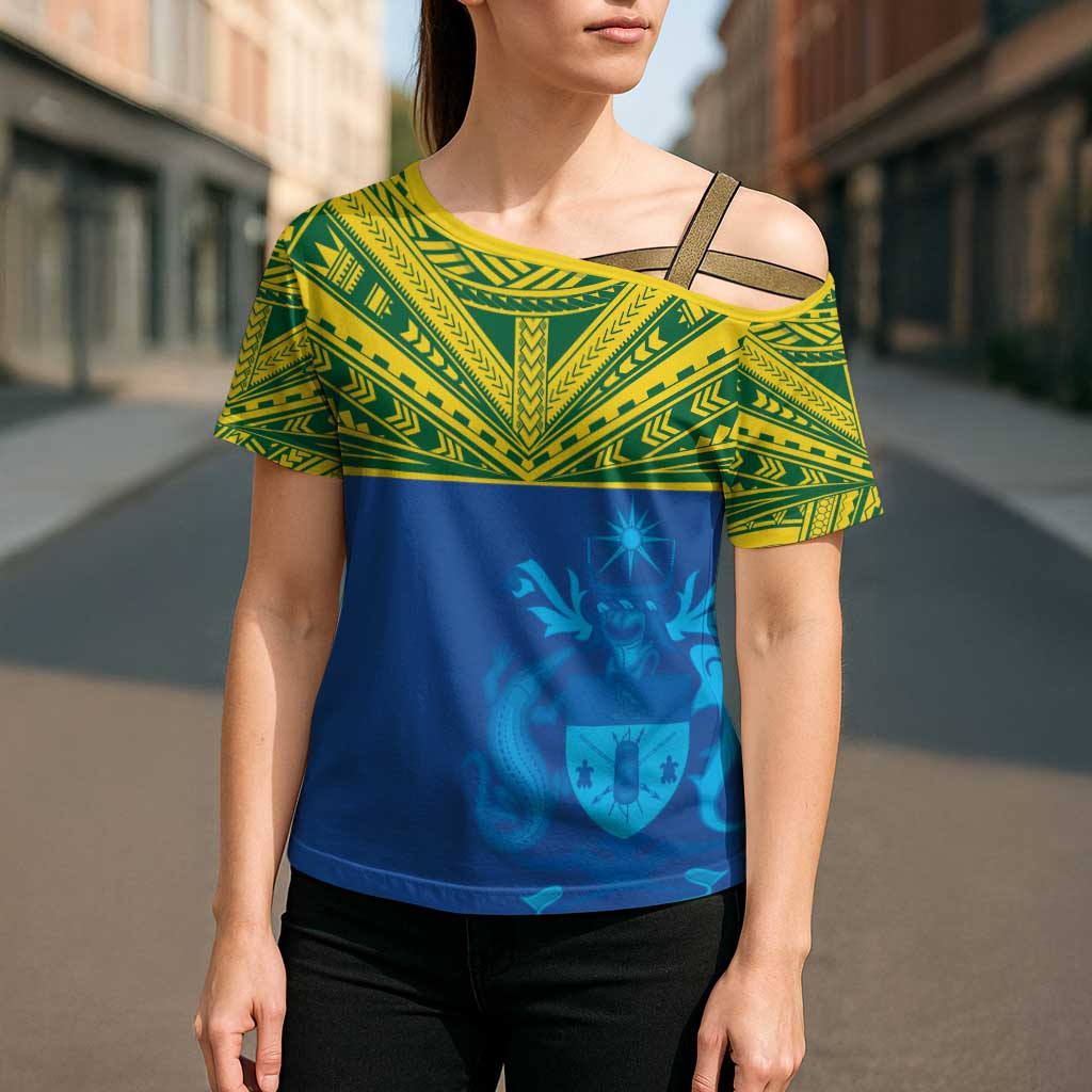 Solomon Islands Rugby Custom Cross Shoulder Shirt Simple Coat of arm Polynesian Pattern - Polynesian Pride