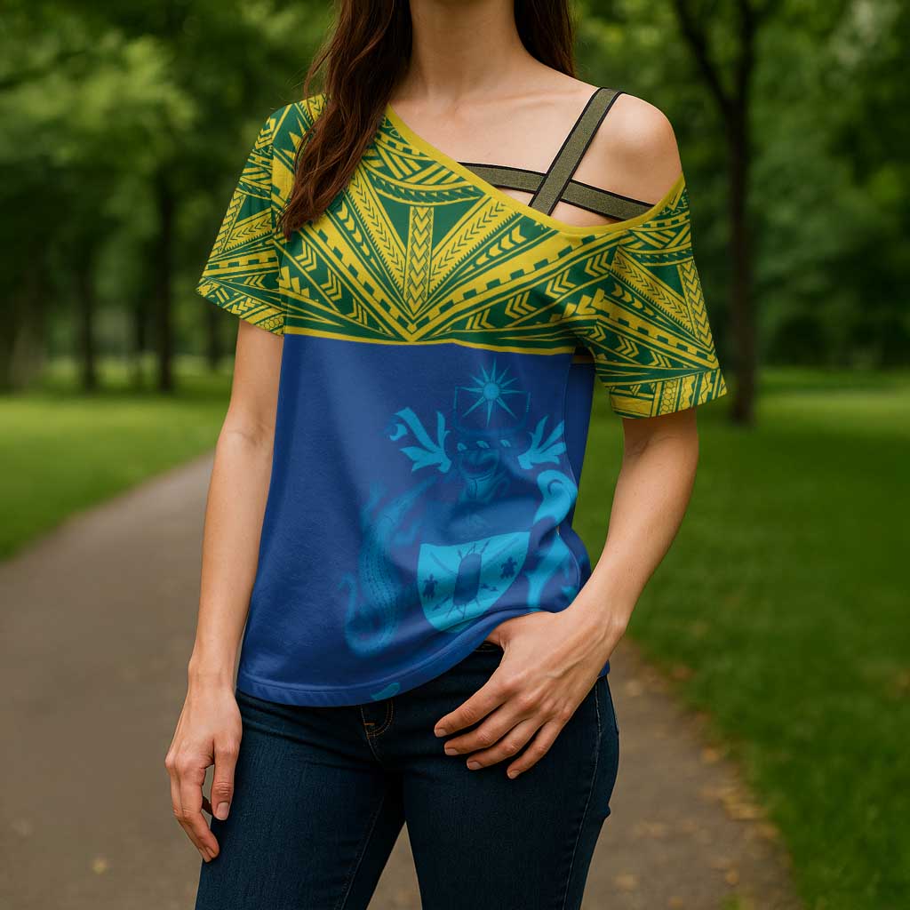 Solomon Islands Rugby Custom Cross Shoulder Shirt Simple Coat of arm Polynesian Pattern - Polynesian Pride