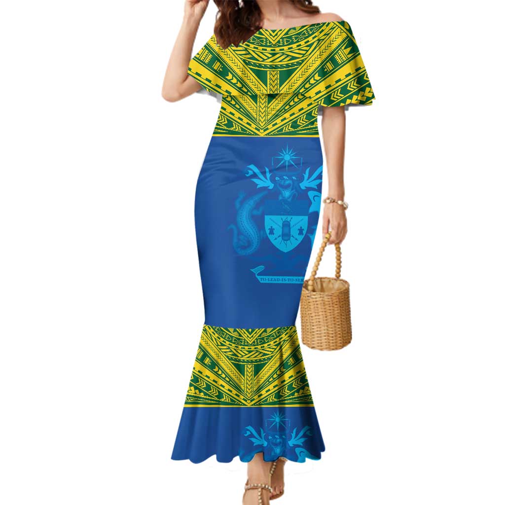 Solomon Islands Rugby Custom Family Matching Mermaid Dress and Hawaiian Shirt Simple Coat of arm Polynesian Pattern