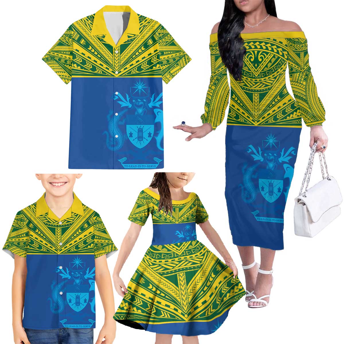 Solomon Islands Rugby Custom Family Matching Off The Shoulder Long Sleeve Dress and Hawaiian Shirt Simple Coat of arm Polynesian Pattern