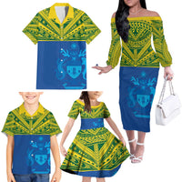 Solomon Islands Rugby Custom Family Matching Off The Shoulder Long Sleeve Dress and Hawaiian Shirt Simple Coat of arm Polynesian Pattern