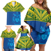 Solomon Islands Rugby Custom Family Matching Off Shoulder Short Dress and Hawaiian Shirt Simple Coat of arm Polynesian Pattern