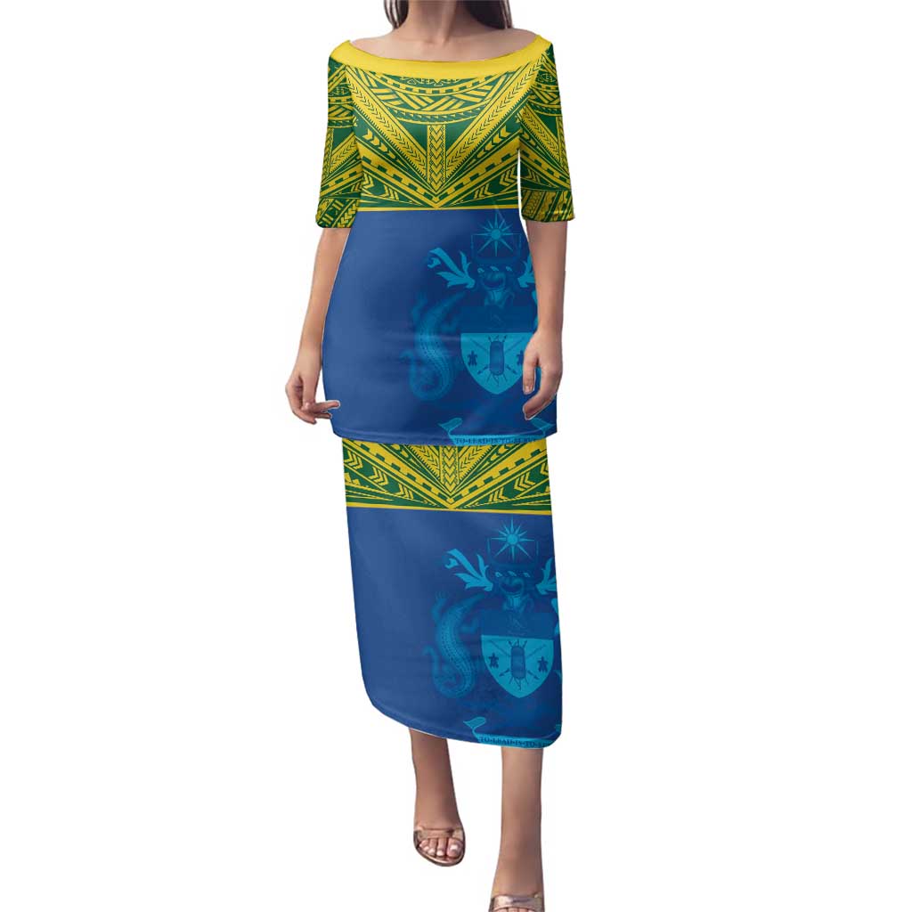 Solomon Islands Rugby Custom Family Matching Puletasi and Hawaiian Shirt Simple Coat of arm Polynesian Pattern