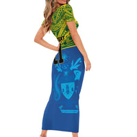 Solomon Islands Rugby Custom Family Matching Short Sleeve Bodycon Dress and Hawaiian Shirt Simple Coat of arm Polynesian Pattern