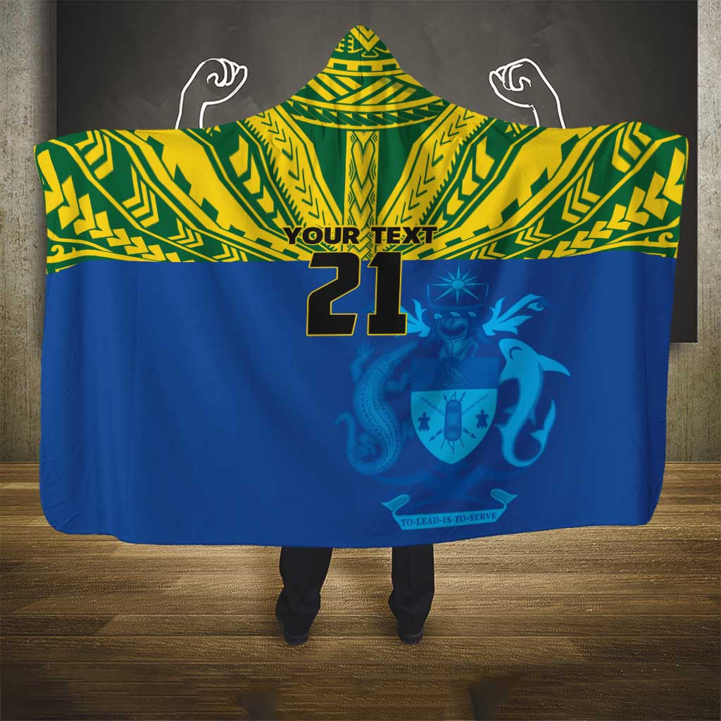 Solomon Islands Rugby Custom Hooded Blanket Simple Coat of arm Polynesian Pattern