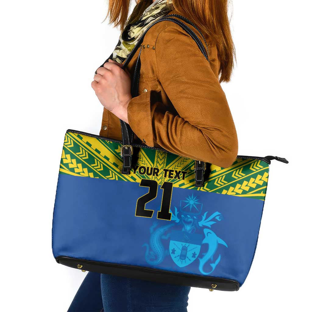 Solomon Islands Rugby Custom Leather Tote Bag Simple Coat of arm Polynesian Pattern