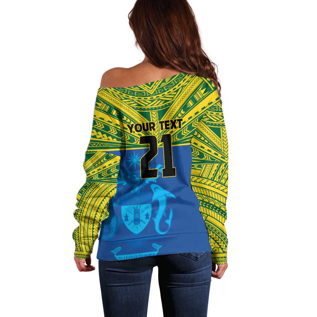 Solomon Islands Rugby Custom Off Shoulder Sweater Simple Coat of arm Polynesian Pattern