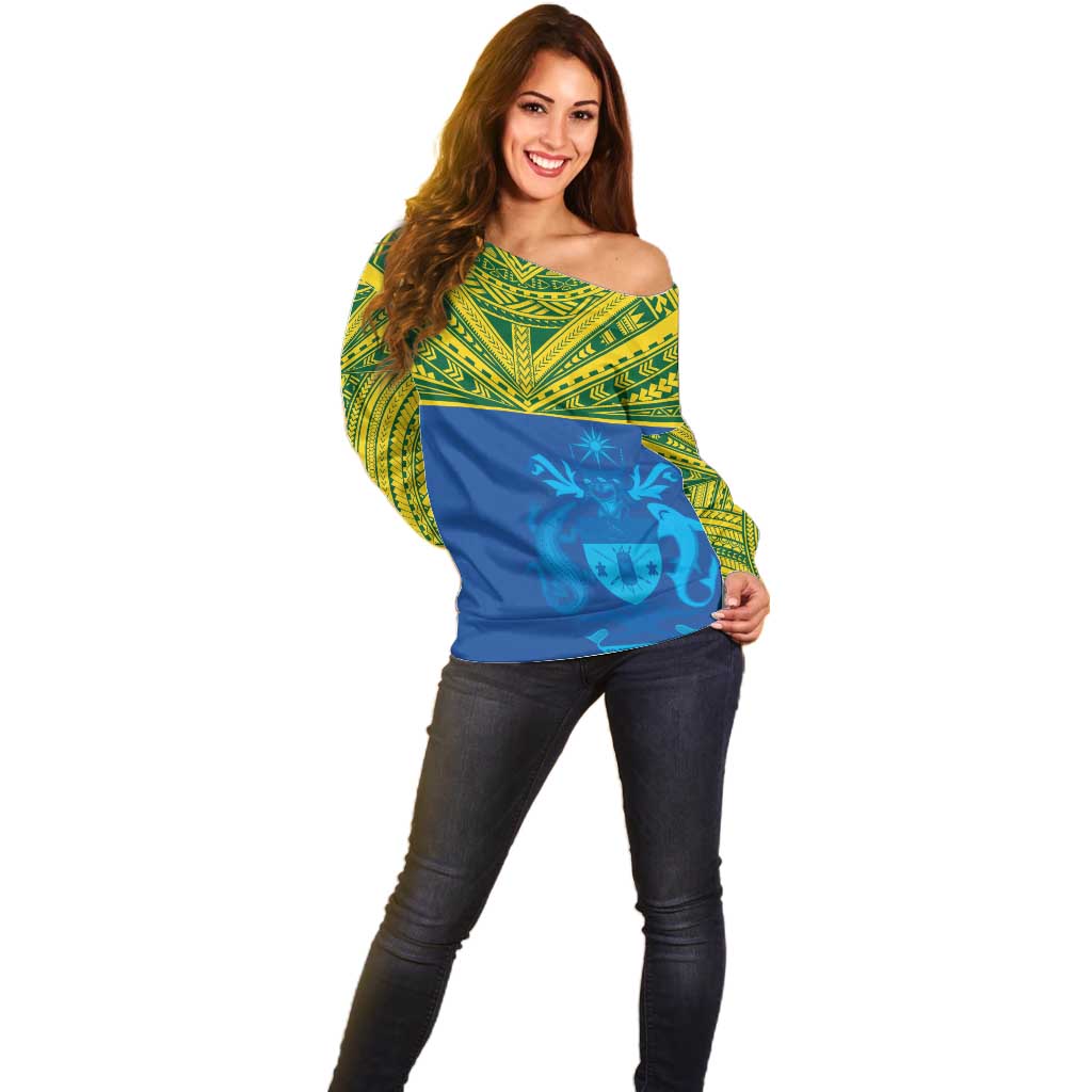 Solomon Islands Rugby Custom Off Shoulder Sweater Simple Coat of arm Polynesian Pattern