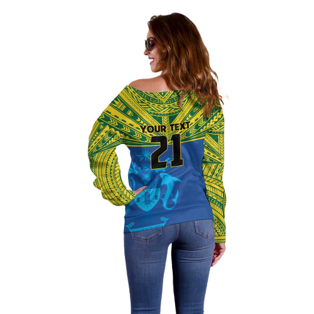 Solomon Islands Rugby Custom Off Shoulder Sweater Simple Coat of arm Polynesian Pattern