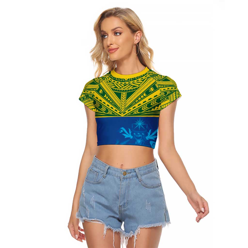 Solomon Islands Rugby Custom Raglan Cropped T Shirt Simple Coat of arm Polynesian Pattern LT9 Female Gold - Polynesian Pride